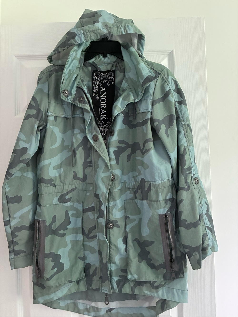 My Anorak Rain Utility Jacket Lined Crinkle Nylon Hidden Hood Size Small